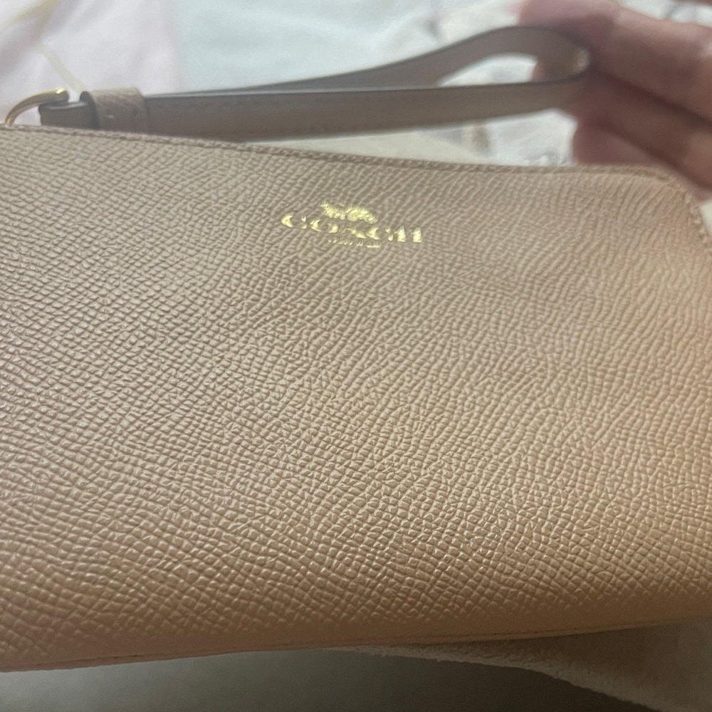 Coach Beige Wristlet with Gold Logo